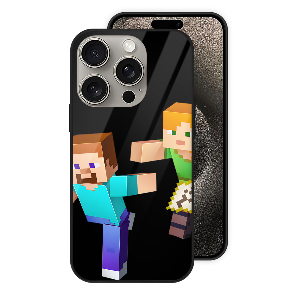 （画像用） マインクラフト ブロックの世界 Minecraft MC Block world 【iPhone15Pro対応】スマホケース 耐衝撃＆黄変防止 背面ガラス