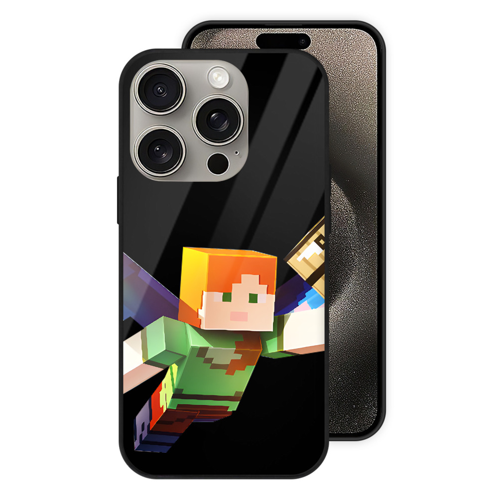 （画像用） マインクラフト ブロックの世界 Minecraft MC Block world 【iPhone15Pro対応】スマホケース 耐衝撃＆黄変防止 背面ガラス