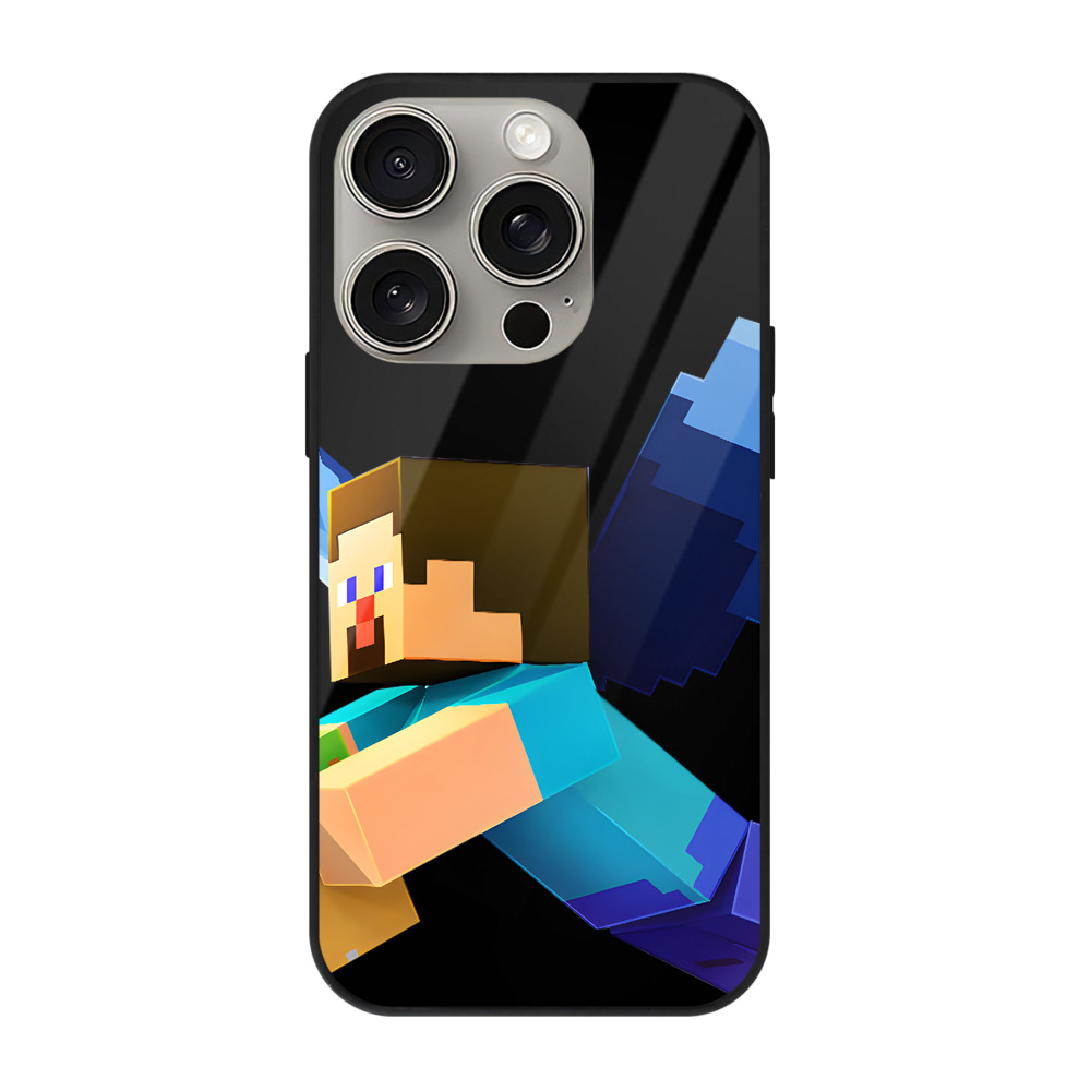 （画像用） マインクラフト ブロックの世界 Minecraft MC Block world 【iPhone15Pro対応】スマホケース 耐衝撃＆黄変防止 背面ガラス