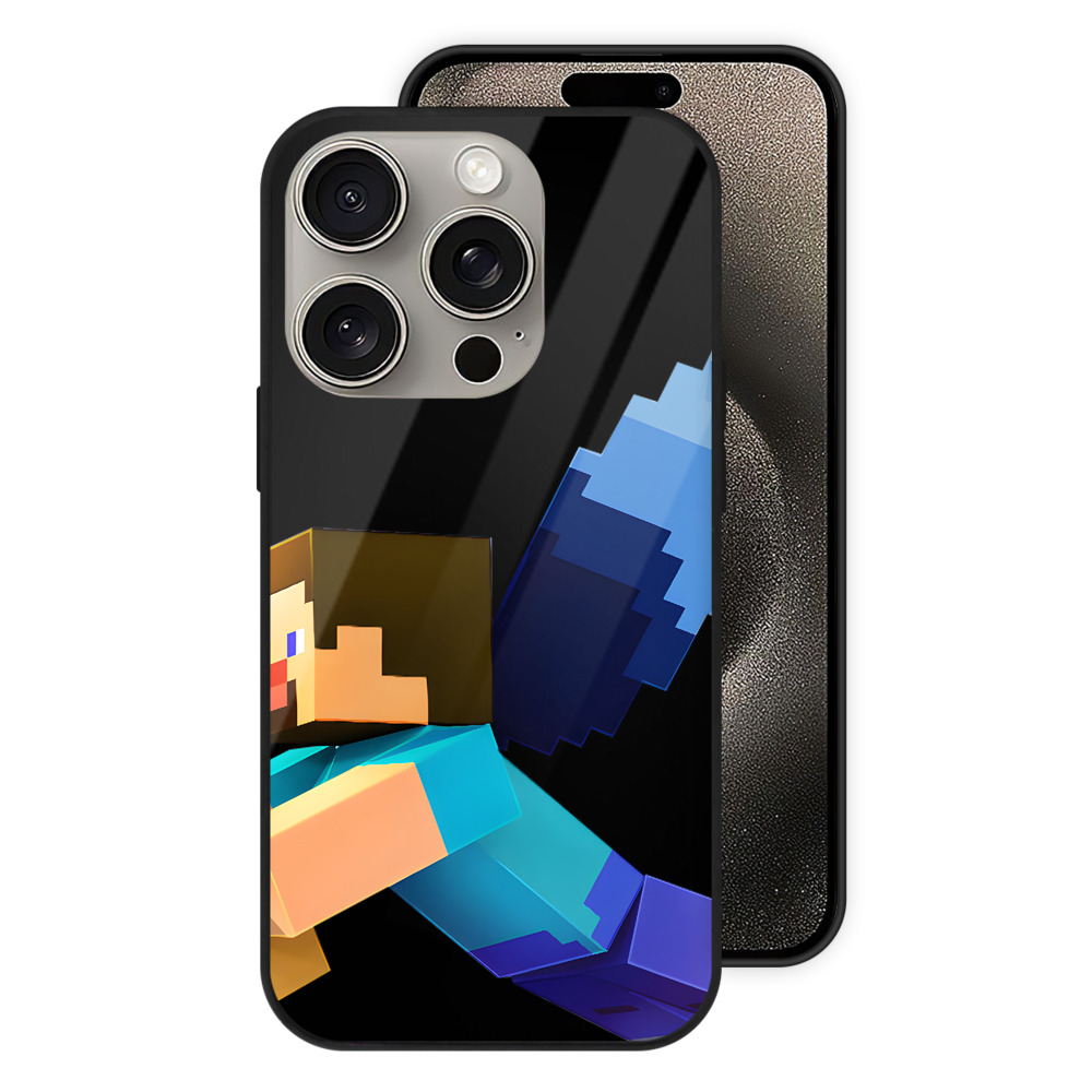 （画像用） マインクラフト ブロックの世界 Minecraft MC Block world 【iPhone15Pro対応】スマホケース 耐衝撃＆黄変防止 背面ガラス