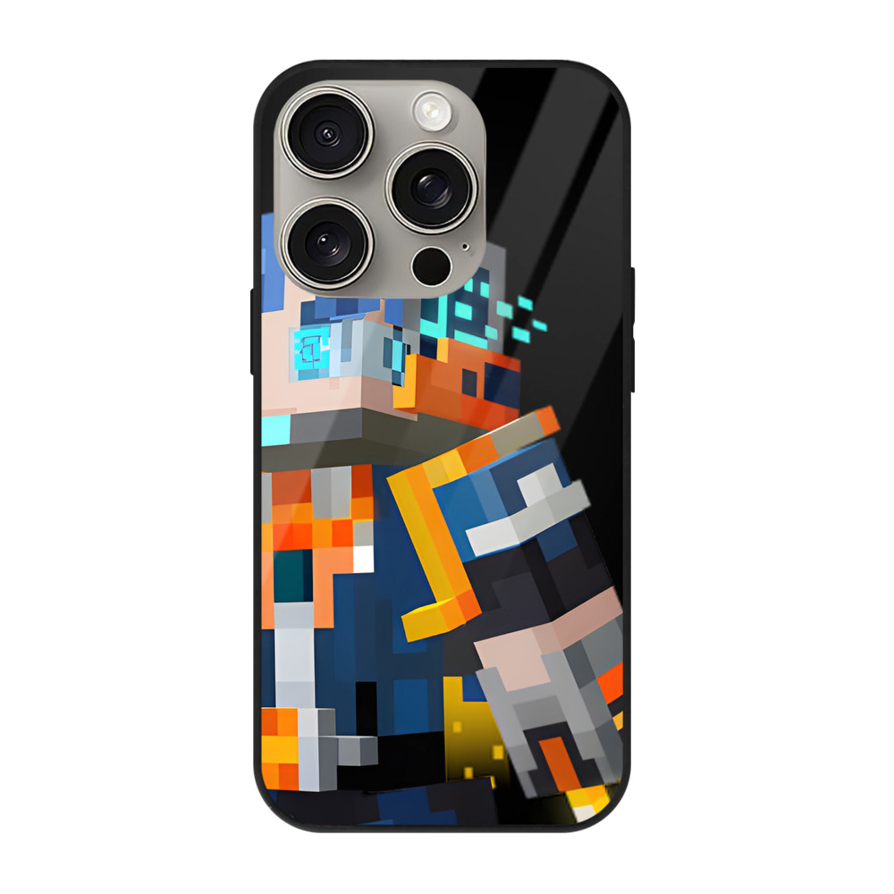 （画像用） マインクラフト ブロックの世界 Minecraft MC Block world 【iPhone15Pro対応】スマホケース 耐衝撃＆黄変防止 背面ガラス