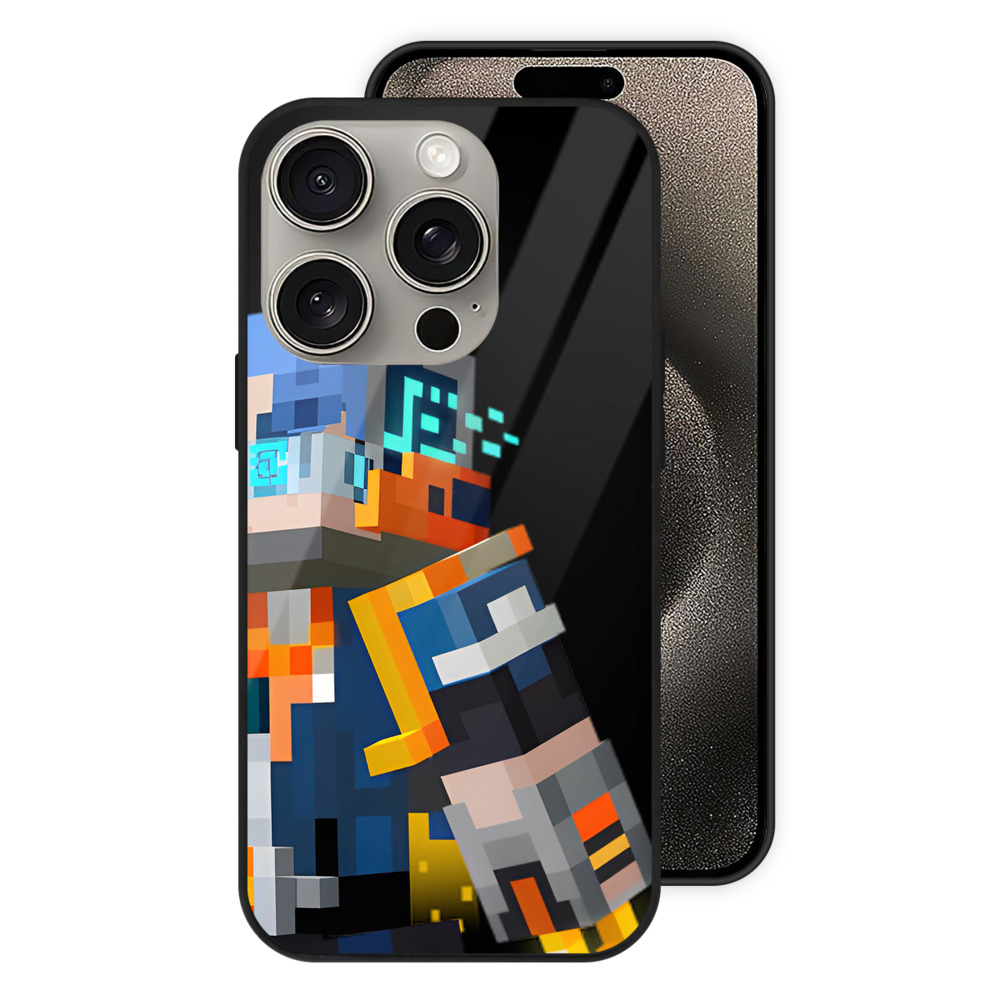 （画像用） マインクラフト ブロックの世界 Minecraft MC Block world 【iPhone15Pro対応】スマホケース 耐衝撃＆黄変防止 背面ガラス