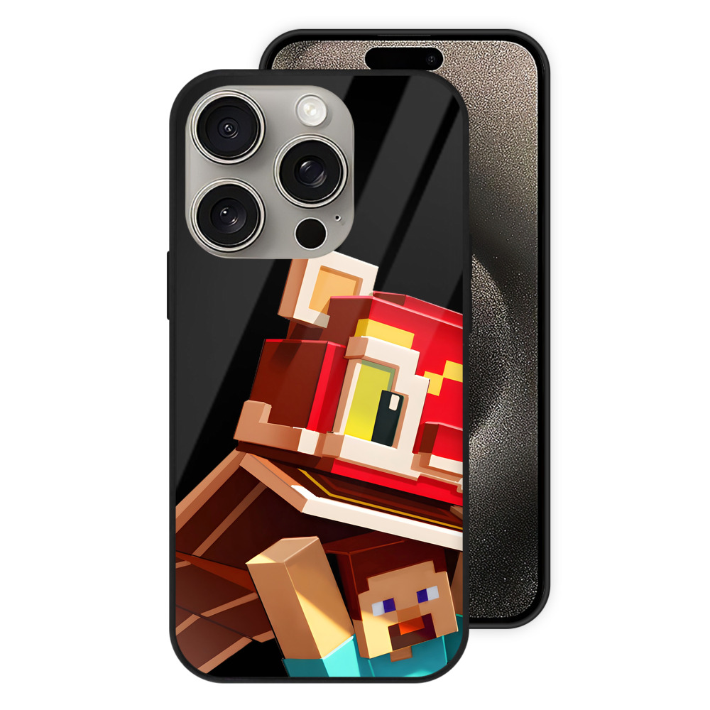 （画像用） マインクラフト ブロックの世界 Minecraft MC Block world 【iPhone15Pro対応】スマホケース 耐衝撃＆黄変防止 背面ガラス