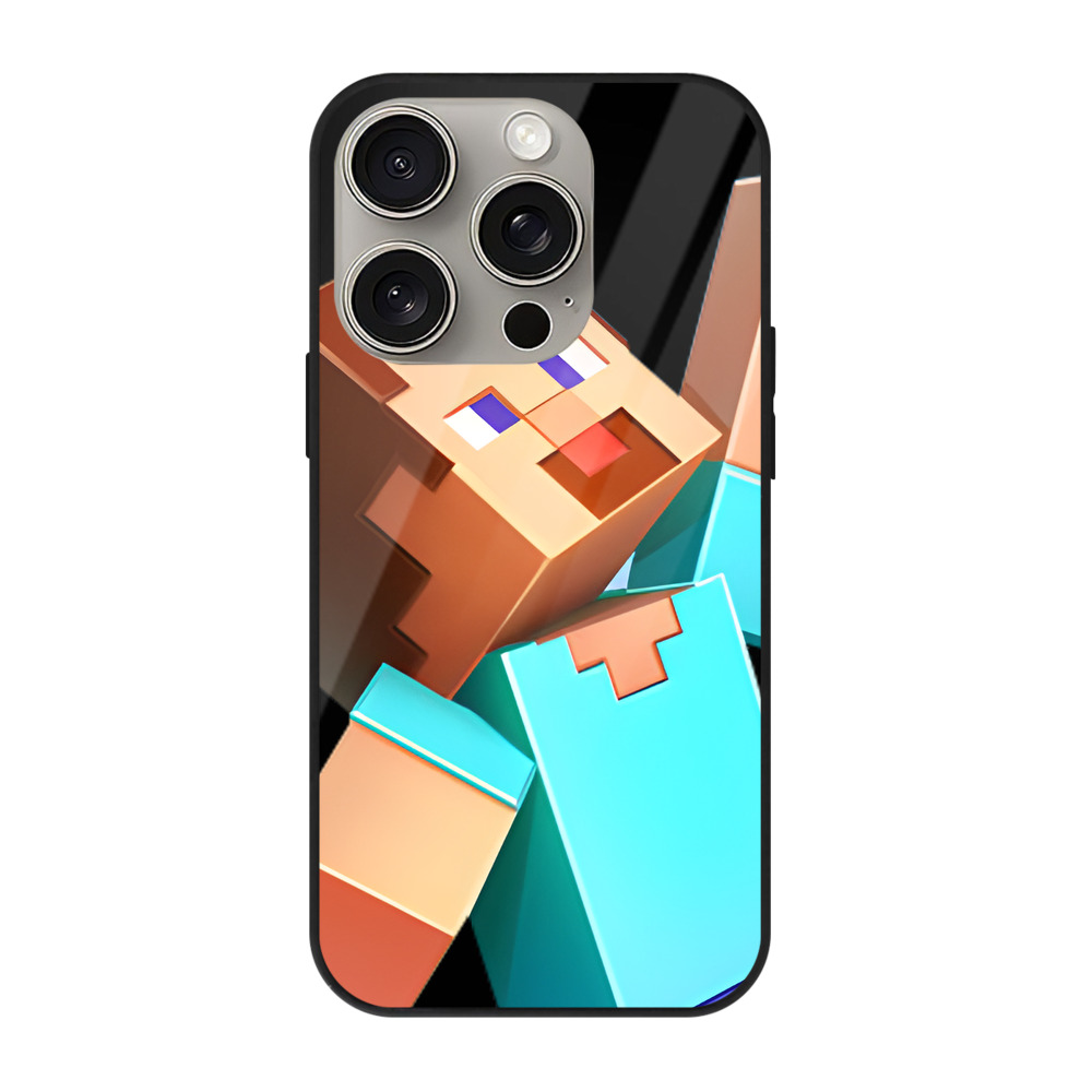 （画像用） マインクラフト ブロックの世界 Minecraft MC Block world 【iPhone15Pro対応】スマホケース 耐衝撃＆黄変防止 背面ガラス