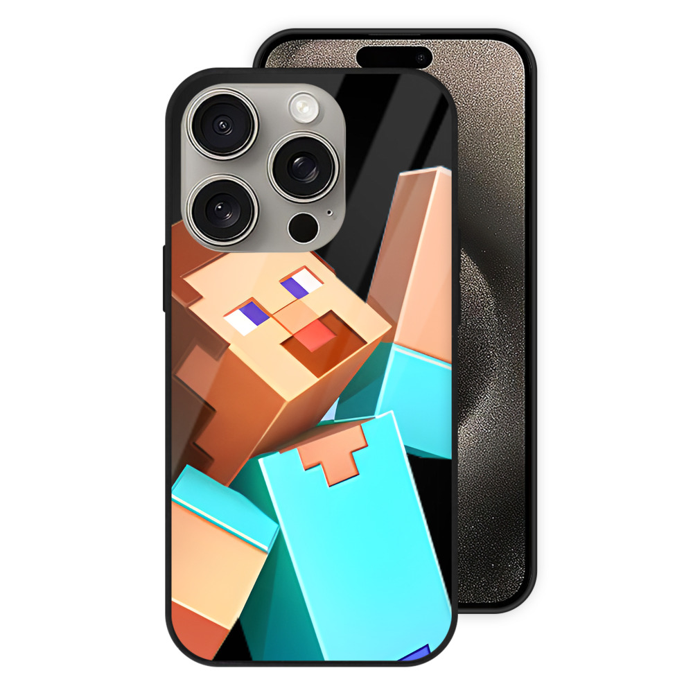 （画像用） マインクラフト ブロックの世界 Minecraft MC Block world 【iPhone15Pro対応】スマホケース 耐衝撃＆黄変防止 背面ガラス