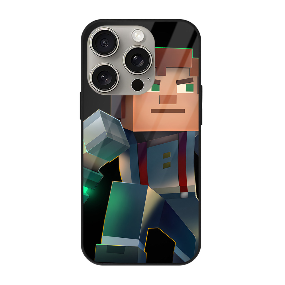 （画像用） マインクラフト ブロックの世界 Minecraft MC Block world 【iPhone15Pro対応】スマホケース 耐衝撃＆黄変防止 背面ガラス