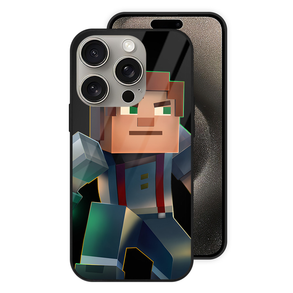 （画像用） マインクラフト ブロックの世界 Minecraft MC Block world 【iPhone15Pro対応】スマホケース 耐衝撃＆黄変防止 背面ガラス