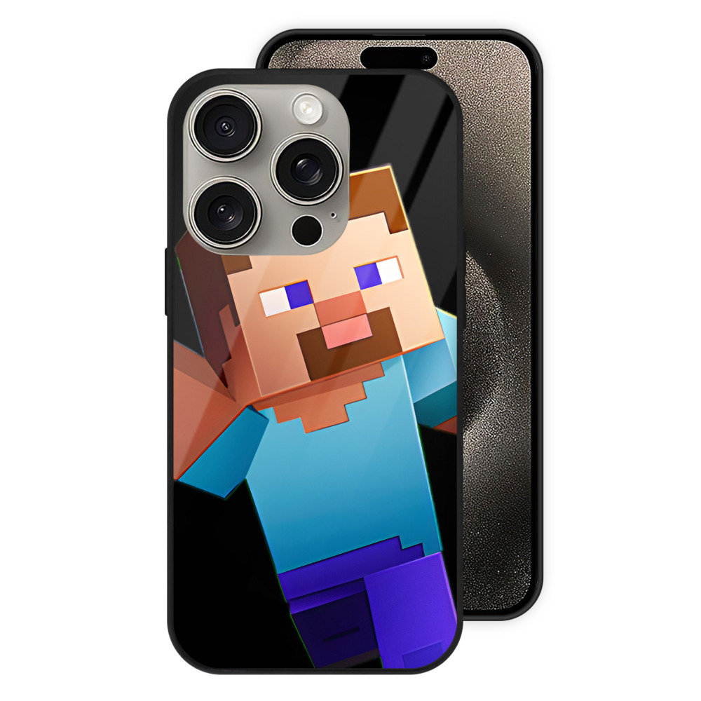 （画像用） マインクラフト ブロックの世界 Minecraft MC Block world 【iPhone15Pro対応】スマホケース 耐衝撃＆黄変防止 背面ガラス