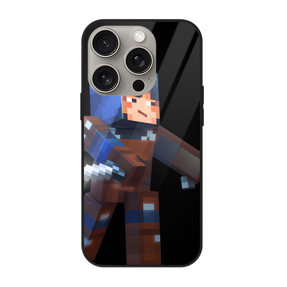 （画像用） マインクラフト ブロックの世界 Minecraft MC Block world 【iPhone15Pro対応】スマホケース 耐衝撃＆黄変防止 背面ガラス