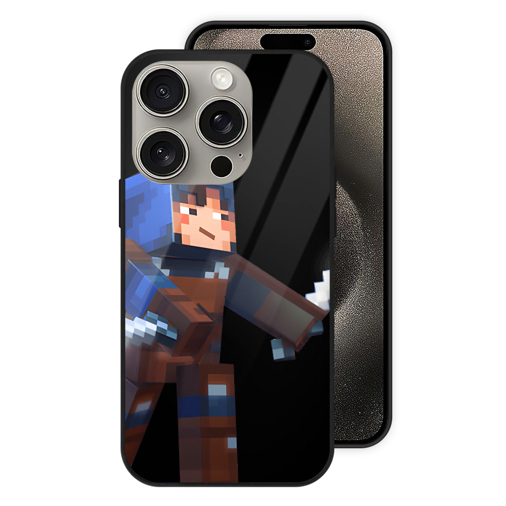 （画像用） マインクラフト ブロックの世界 Minecraft MC Block world 【iPhone15Pro対応】スマホケース 耐衝撃＆黄変防止 背面ガラス