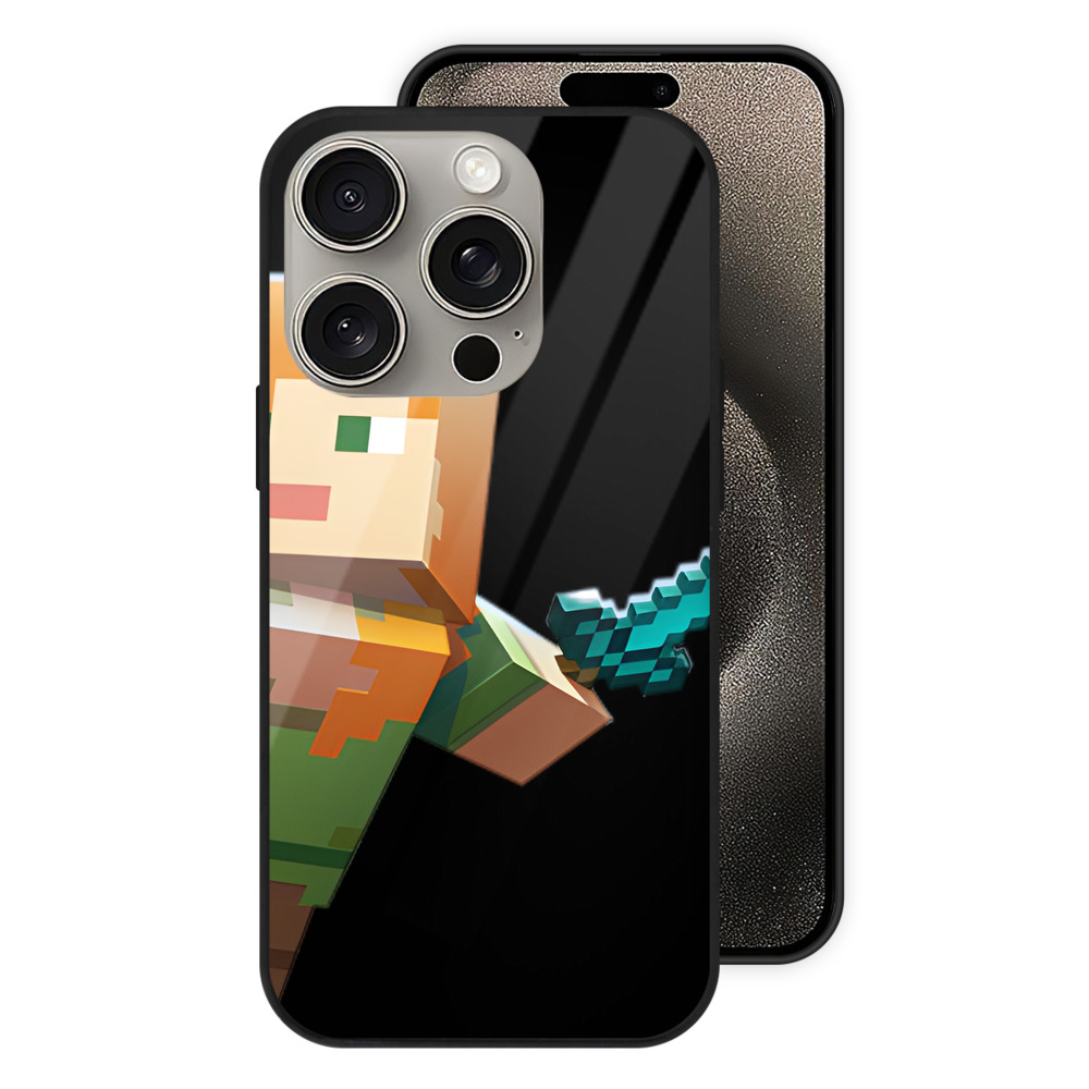 （画像用） マインクラフト ブロックの世界 Minecraft MC Block world 【iPhone15Pro対応】スマホケース 耐衝撃＆黄変防止 背面ガラス