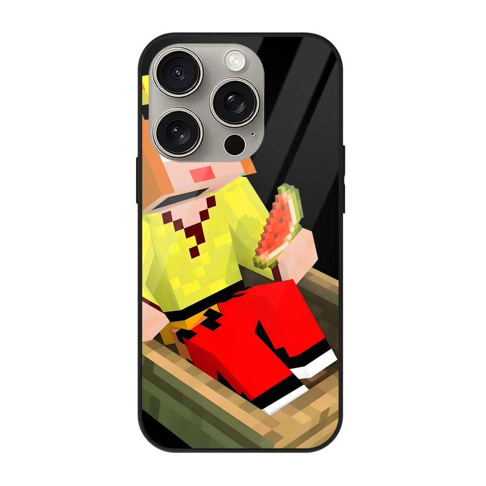 （画像用） マインクラフト ブロックの世界 Minecraft MC Block world 【iPhone15Pro対応】スマホケース 耐衝撃＆黄変防止 背面ガラス