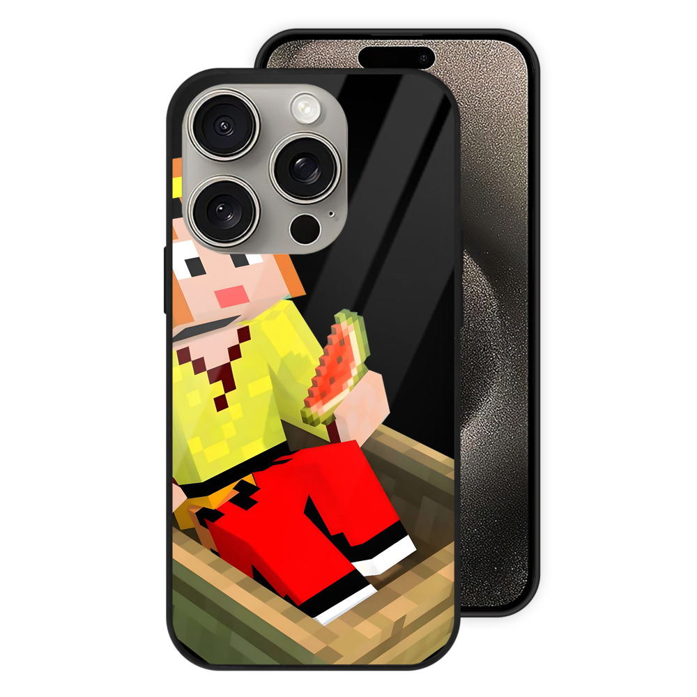 （画像用） マインクラフト ブロックの世界 Minecraft MC Block world 【iPhone15Pro対応】スマホケース 耐衝撃＆黄変防止 背面ガラス