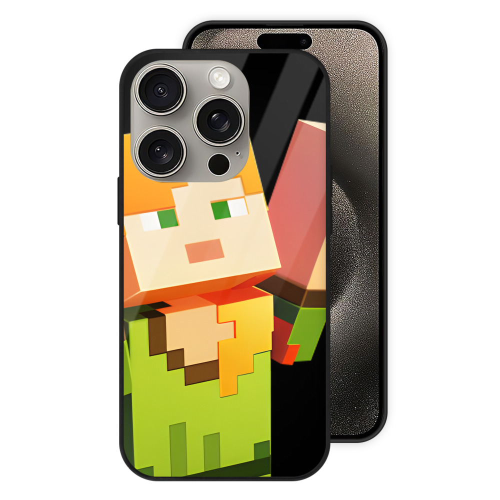 （画像用） マインクラフト ブロックの世界 Minecraft MC Block world 【iPhone15Pro対応】スマホケース 耐衝撃＆黄変防止 背面ガラス