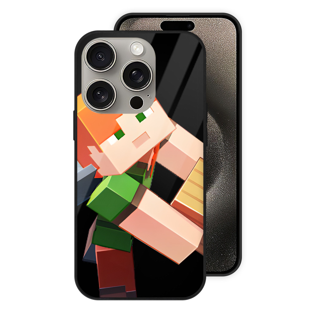 （画像用） マインクラフト ブロックの世界 Minecraft MC Block world 【iPhone15Pro対応】スマホケース 耐衝撃＆黄変防止 背面ガラス
