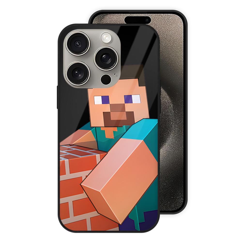 （画像用） マインクラフト ブロックの世界 Minecraft MC Block world 【iPhone15Pro対応】スマホケース 耐衝撃＆黄変防止 背面ガラス