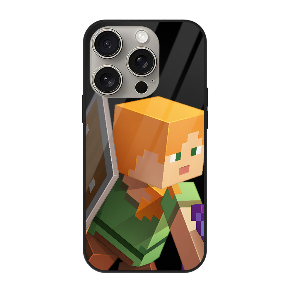 （画像用） マインクラフト ブロックの世界 Minecraft MC Block world 【iPhone15Pro対応】スマホケース 耐衝撃＆黄変防止 背面ガラス