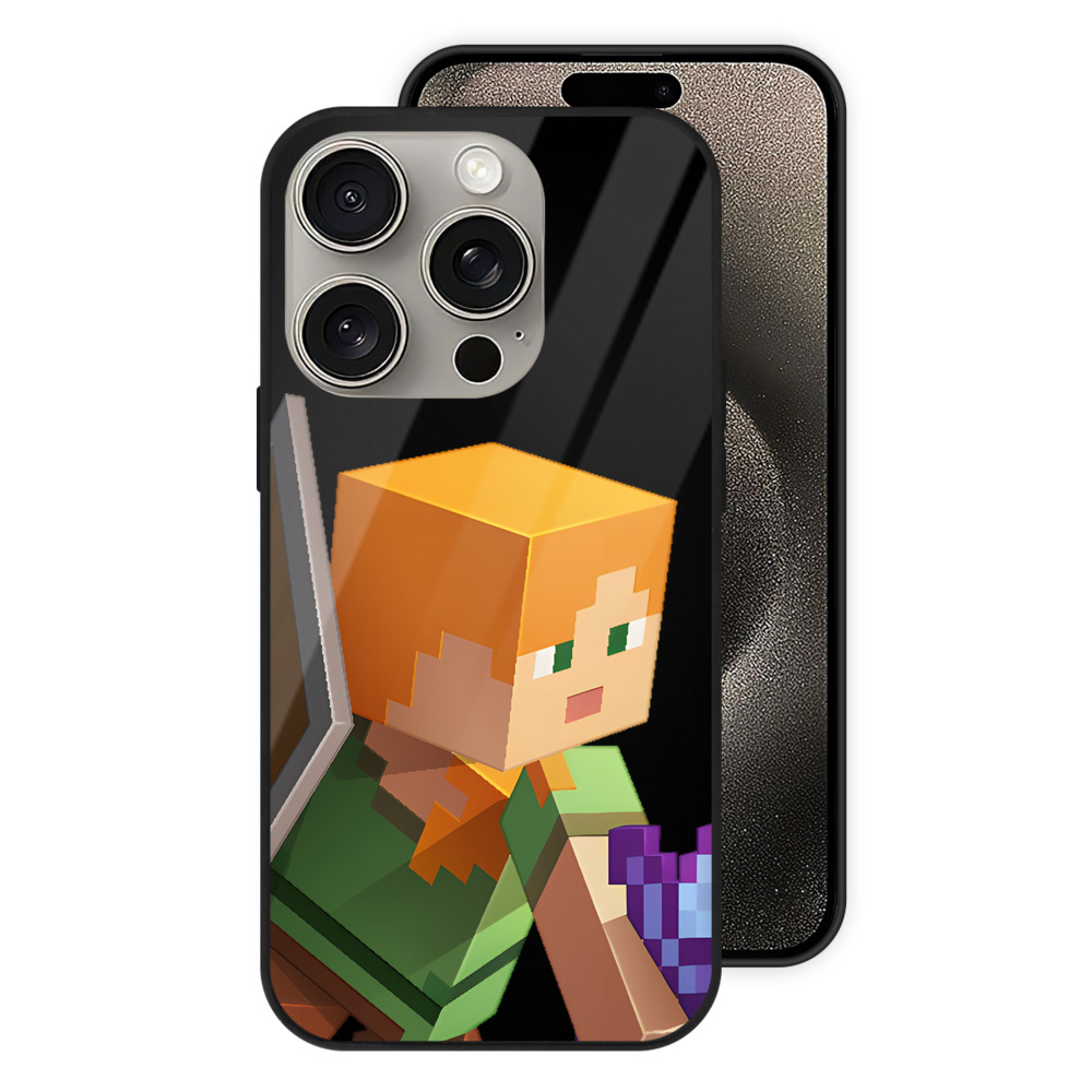 （画像用） マインクラフト ブロックの世界 Minecraft MC Block world 【iPhone15Pro対応】スマホケース 耐衝撃＆黄変防止 背面ガラス