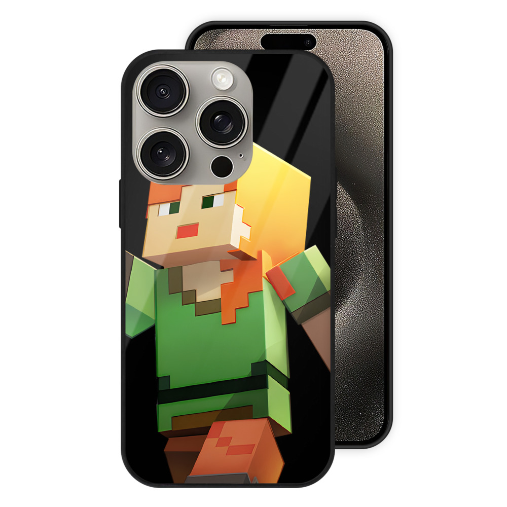 （画像用） マインクラフト ブロックの世界 Minecraft MC Block world 【iPhone15Pro対応】スマホケース 耐衝撃＆黄変防止 背面ガラス