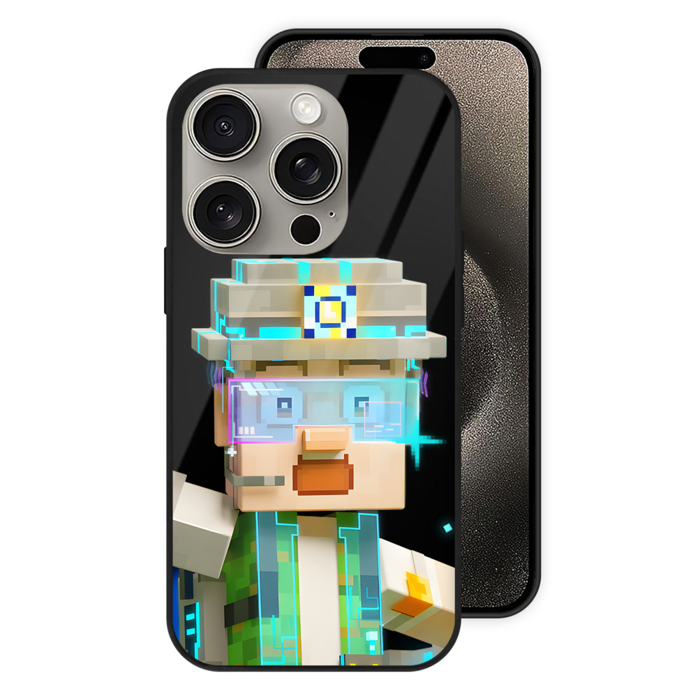 （画像用） マインクラフト ブロックの世界 Minecraft MC Block world 【iPhone15Pro対応】スマホケース 耐衝撃＆黄変防止 背面ガラス