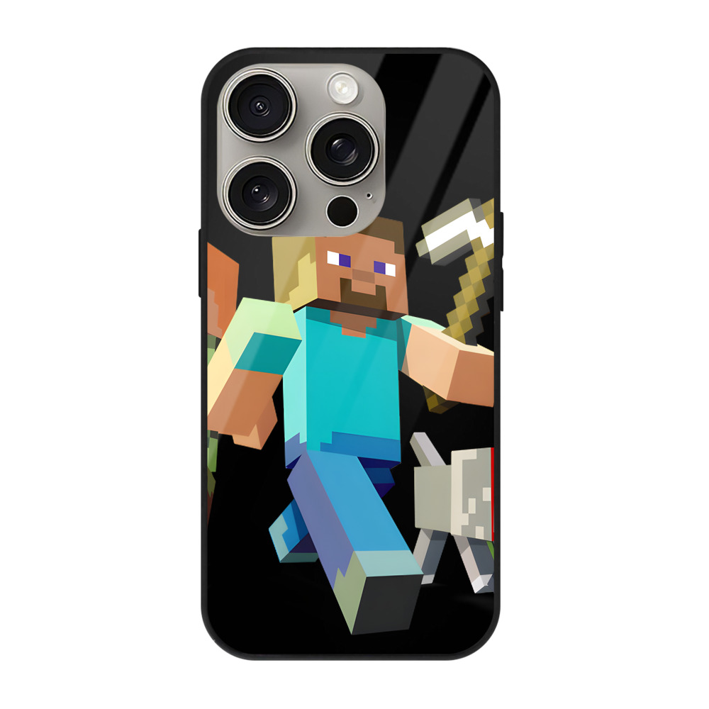 （画像用） マインクラフト ブロックの世界 Minecraft MC Block world 【iPhone15Pro対応】スマホケース 耐衝撃＆黄変防止 背面ガラス