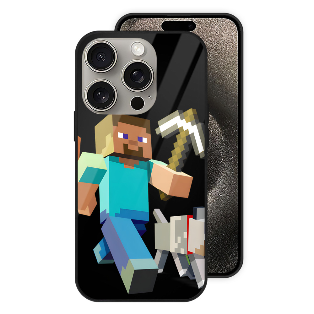 （画像用） マインクラフト ブロックの世界 Minecraft MC Block world 【iPhone15Pro対応】スマホケース 耐衝撃＆黄変防止 背面ガラス