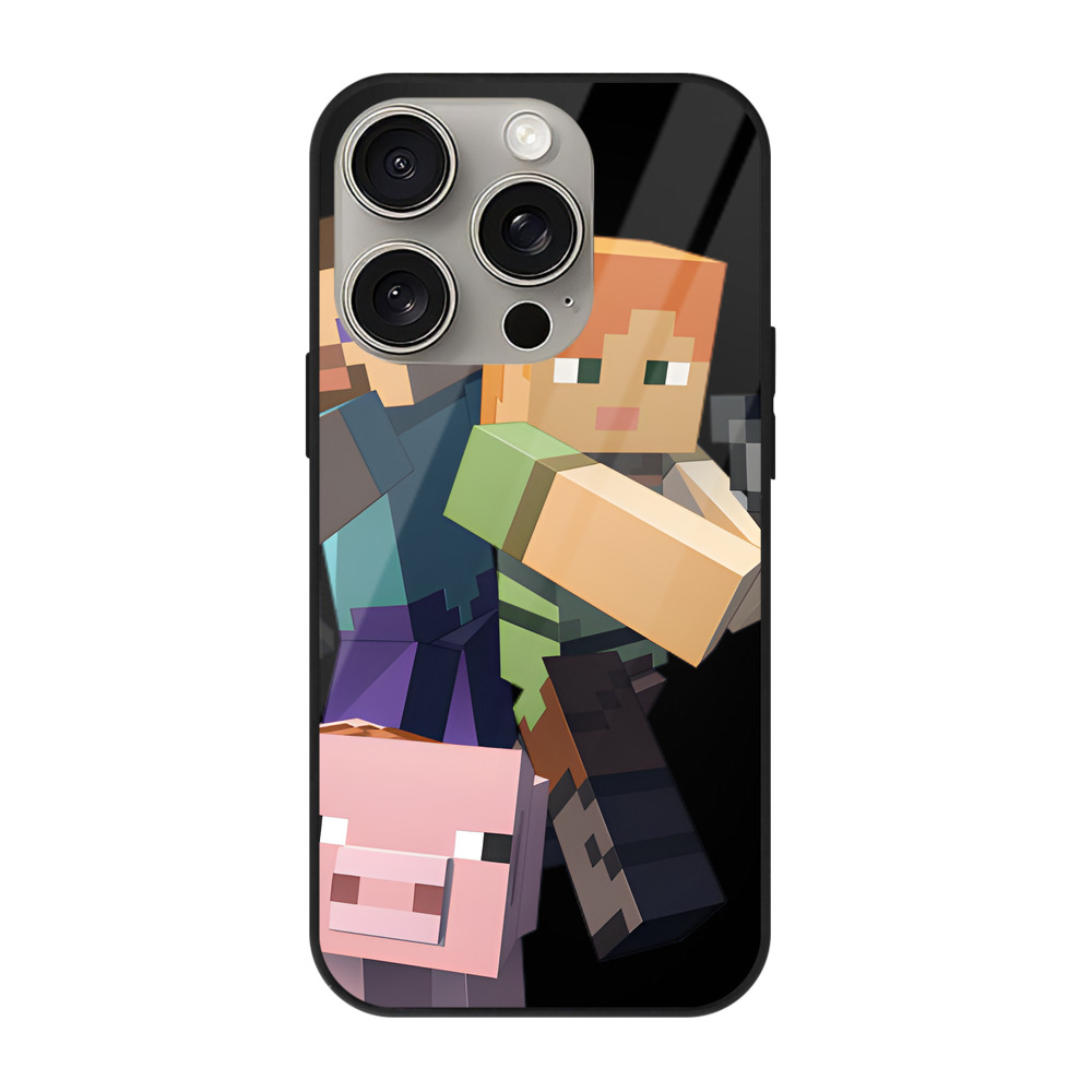 （画像用） マインクラフト ブロックの世界 Minecraft MC Block world 【iPhone15Pro対応】スマホケース 耐衝撃＆黄変防止 背面ガラス