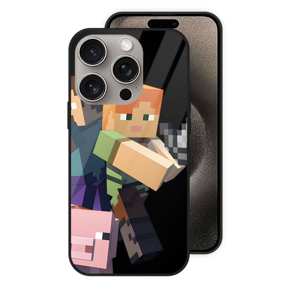（画像用） マインクラフト ブロックの世界 Minecraft MC Block world 【iPhone15Pro対応】スマホケース 耐衝撃＆黄変防止 背面ガラス