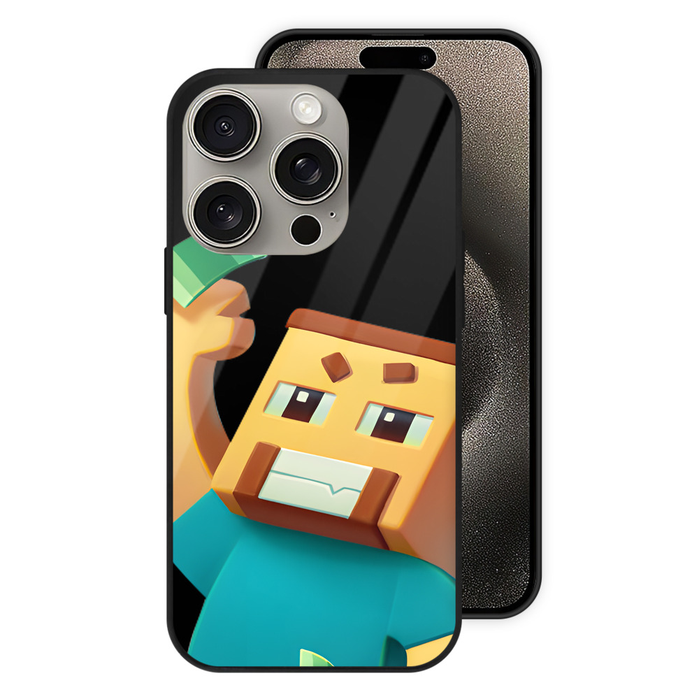 （画像用） マインクラフト ブロックの世界 Minecraft MC Block world 【iPhone15Pro対応】スマホケース 耐衝撃＆黄変防止 背面ガラス