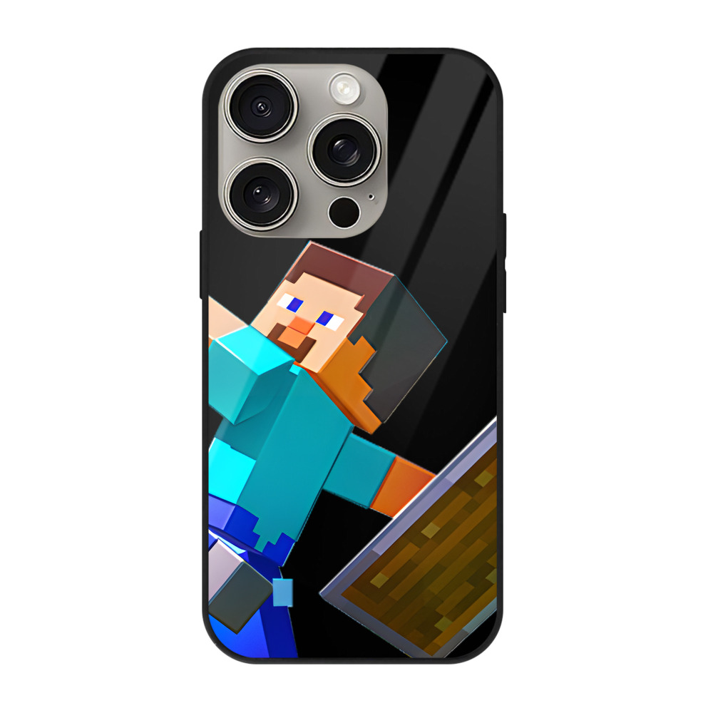 （画像用） マインクラフト ブロックの世界 Minecraft MC Block world 【iPhone15Pro対応】スマホケース 耐衝撃＆黄変防止 背面ガラス