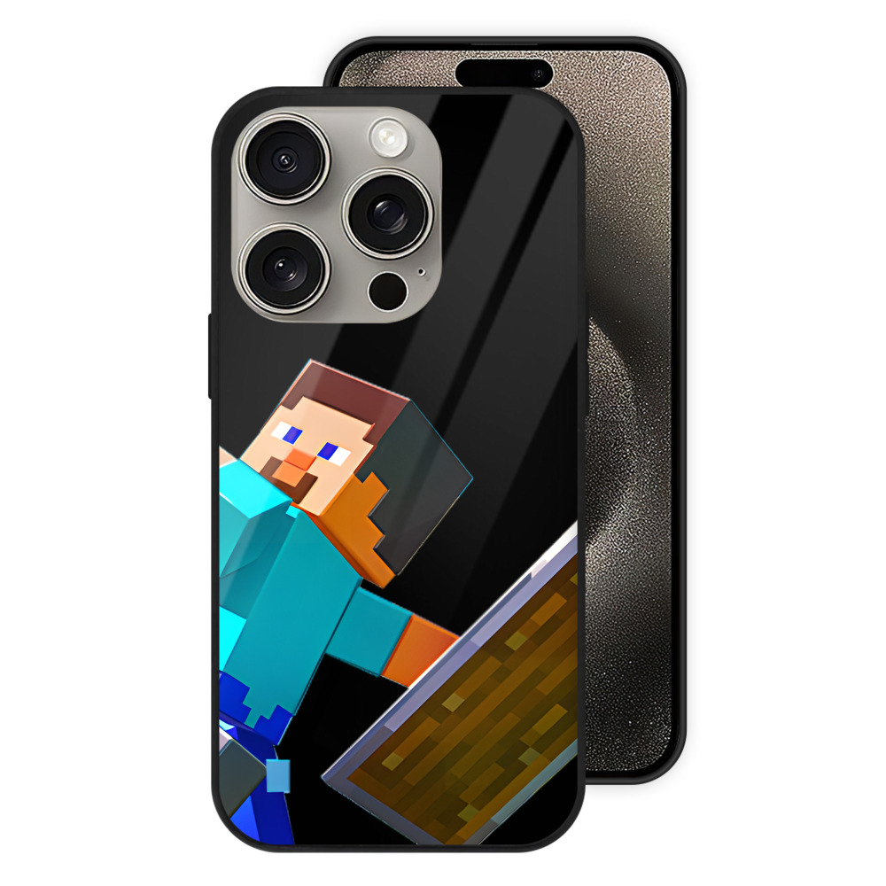 （画像用） マインクラフト ブロックの世界 Minecraft MC Block world 【iPhone15Pro対応】スマホケース 耐衝撃＆黄変防止 背面ガラス