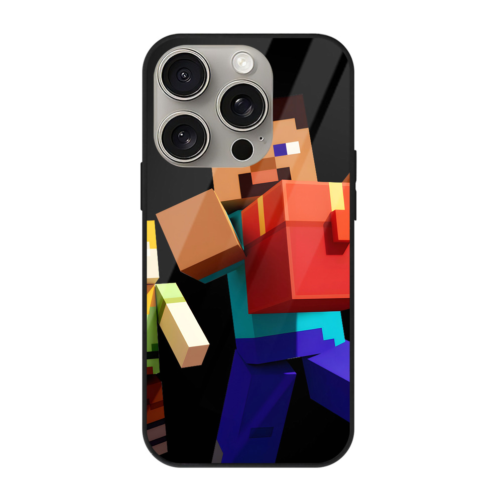 （画像用） マインクラフト ブロックの世界 Minecraft MC Block world 【iPhone15Pro対応】スマホケース 耐衝撃＆黄変防止 背面ガラス