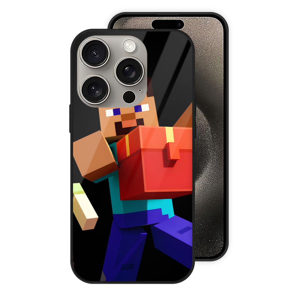 （画像用） マインクラフト ブロックの世界 Minecraft MC Block world 【iPhone15Pro対応】スマホケース 耐衝撃＆黄変防止 背面ガラス