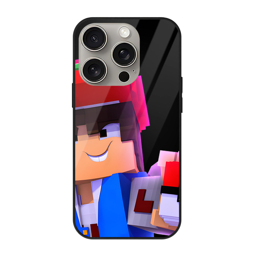 （画像用） マインクラフト ブロックの世界 Minecraft MC Block world 【iPhone15Pro対応】スマホケース 耐衝撃＆黄変防止 背面ガラス