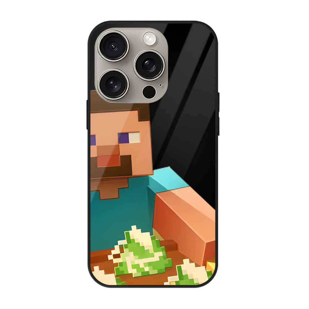 （画像用） マインクラフト ブロックの世界 Minecraft MC Block world 【iPhone15Pro対応】スマホケース 耐衝撃＆黄変防止 背面ガラス