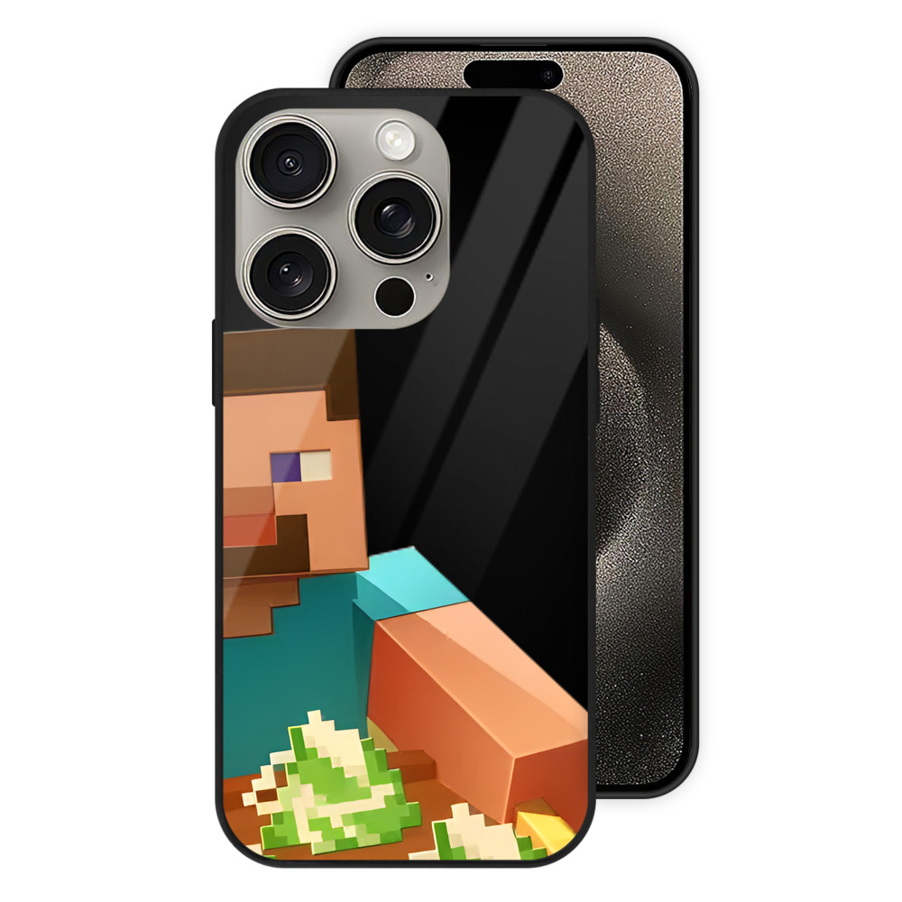 （画像用） マインクラフト ブロックの世界 Minecraft MC Block world 【iPhone15Pro対応】スマホケース 耐衝撃＆黄変防止 背面ガラス