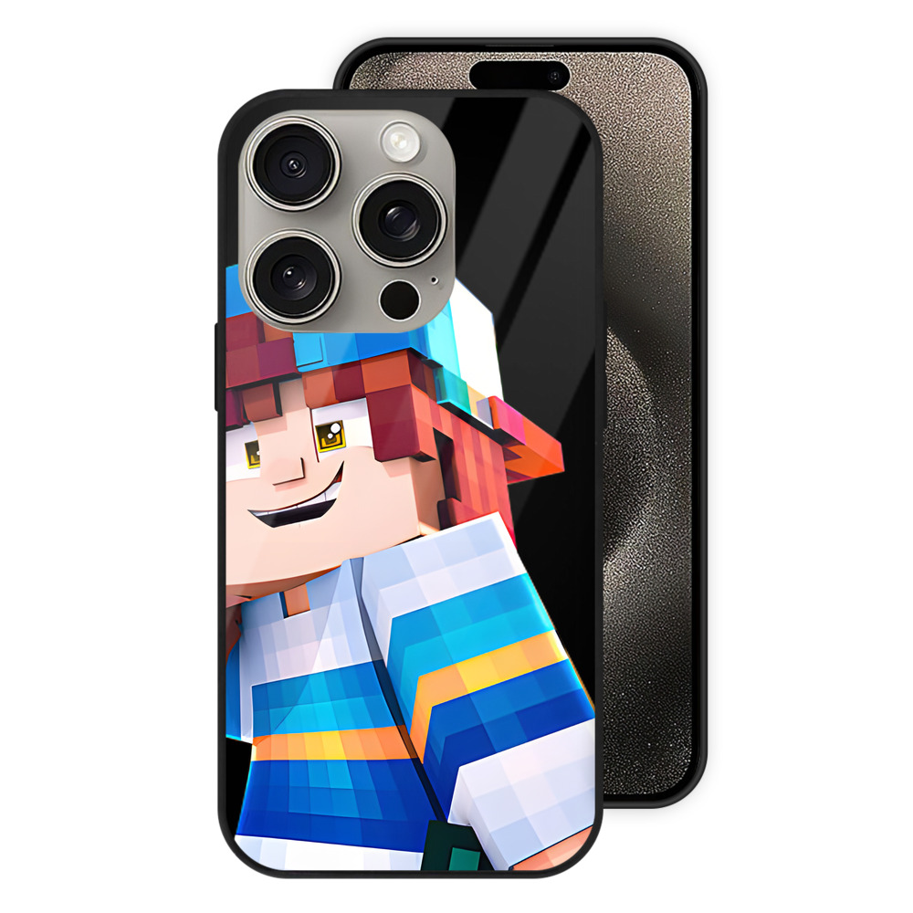 （画像用） マインクラフト ブロックの世界 Minecraft MC Block world 【iPhone15Pro対応】スマホケース 耐衝撃＆黄変防止 背面ガラス