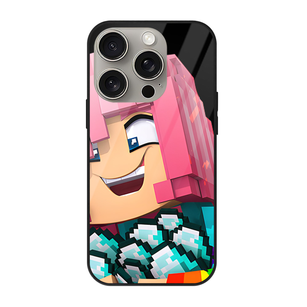 （画像用） マインクラフト ブロックの世界 Minecraft MC Block world 【iPhone15Pro対応】スマホケース 耐衝撃＆黄変防止 背面ガラス