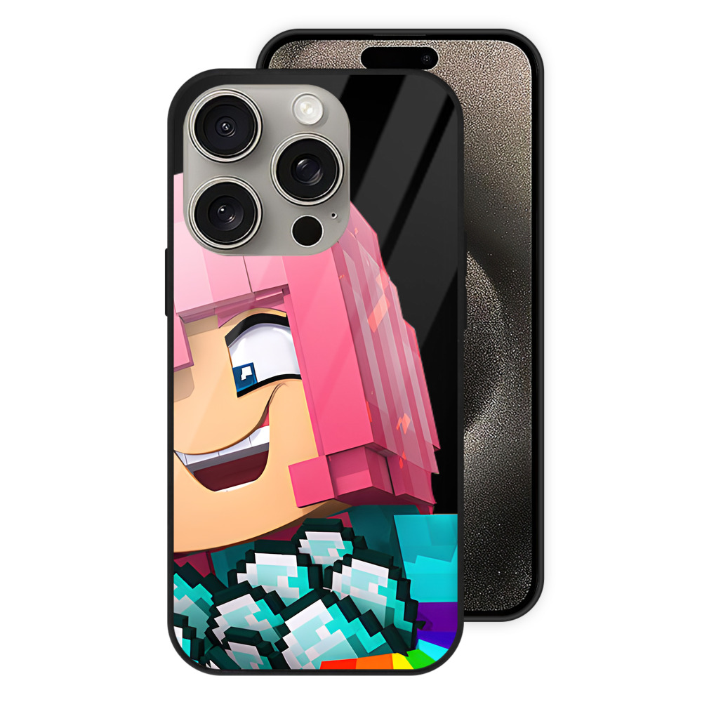 （画像用） マインクラフト ブロックの世界 Minecraft MC Block world 【iPhone15Pro対応】スマホケース 耐衝撃＆黄変防止 背面ガラス