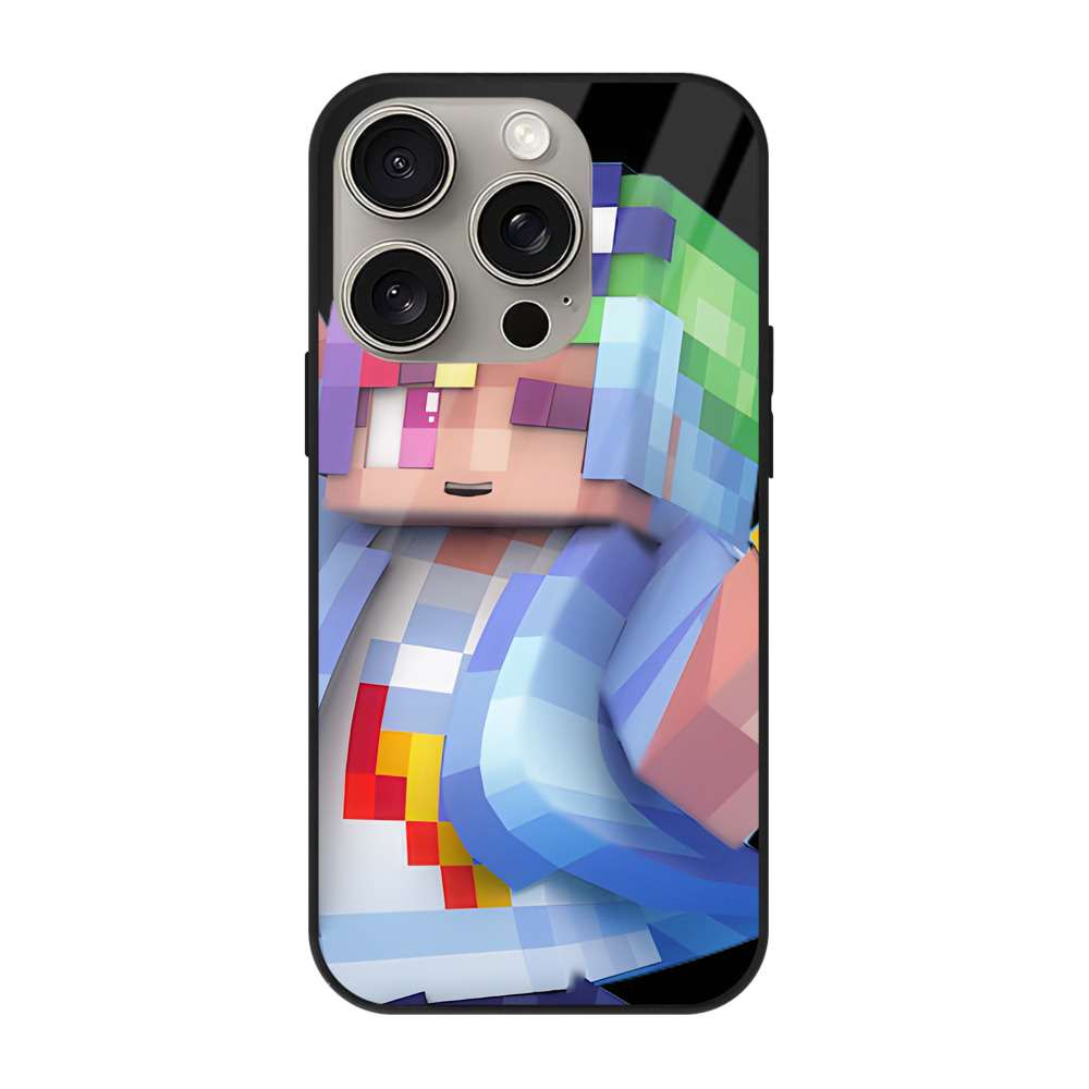 （画像用） マインクラフト ブロックの世界 Minecraft MC Block world 【iPhone15Pro対応】スマホケース 耐衝撃＆黄変防止 背面ガラス