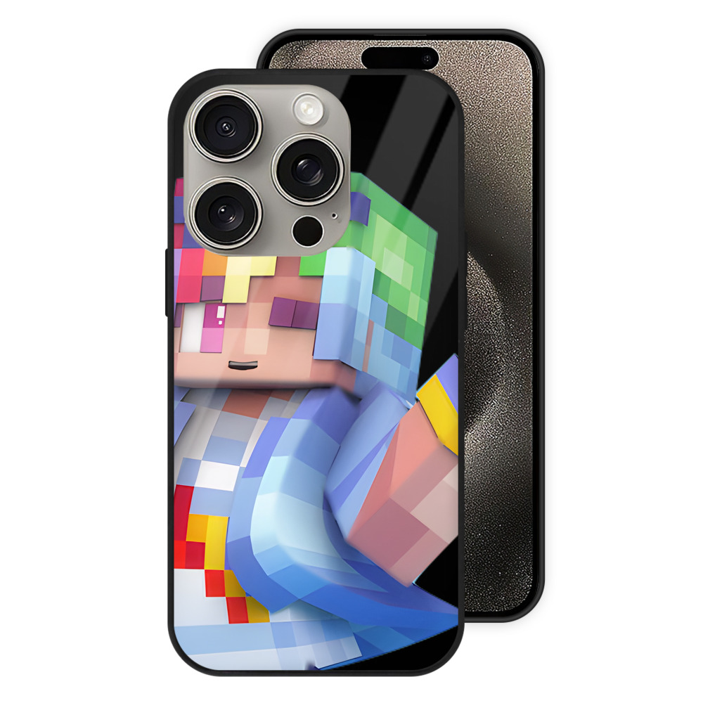 （画像用） マインクラフト ブロックの世界 Minecraft MC Block world 【iPhone15Pro対応】スマホケース 耐衝撃＆黄変防止 背面ガラス