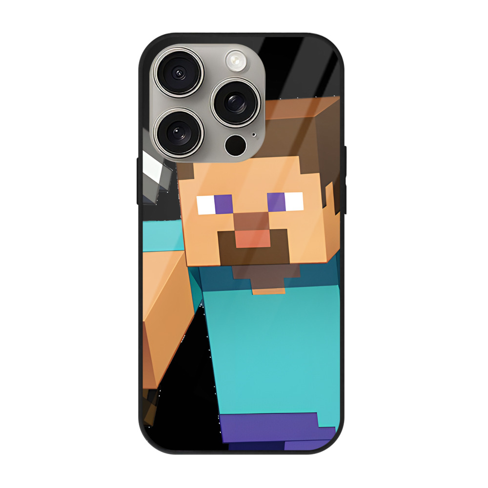 （画像用） マインクラフト ブロックの世界 Minecraft MC Block world 【iPhone15Pro対応】スマホケース 耐衝撃＆黄変防止 背面ガラス