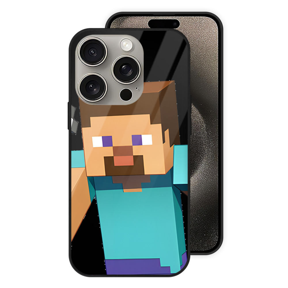 （画像用） マインクラフト ブロックの世界 Minecraft MC Block world 【iPhone15Pro対応】スマホケース 耐衝撃＆黄変防止 背面ガラス