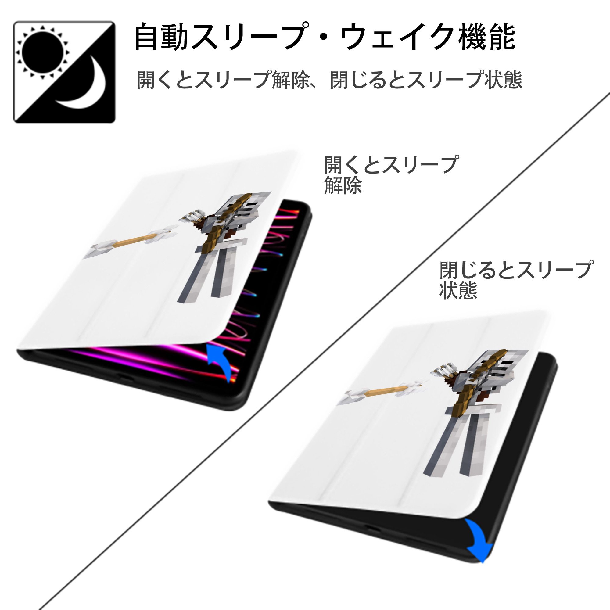 マインクラフト ブロックの世界 Minecraft MC Block world IPad ケース ペン収納付き 三つ折りスタンド PUレザー×シリコン 対応機種9.5/10.5/10.9インチ