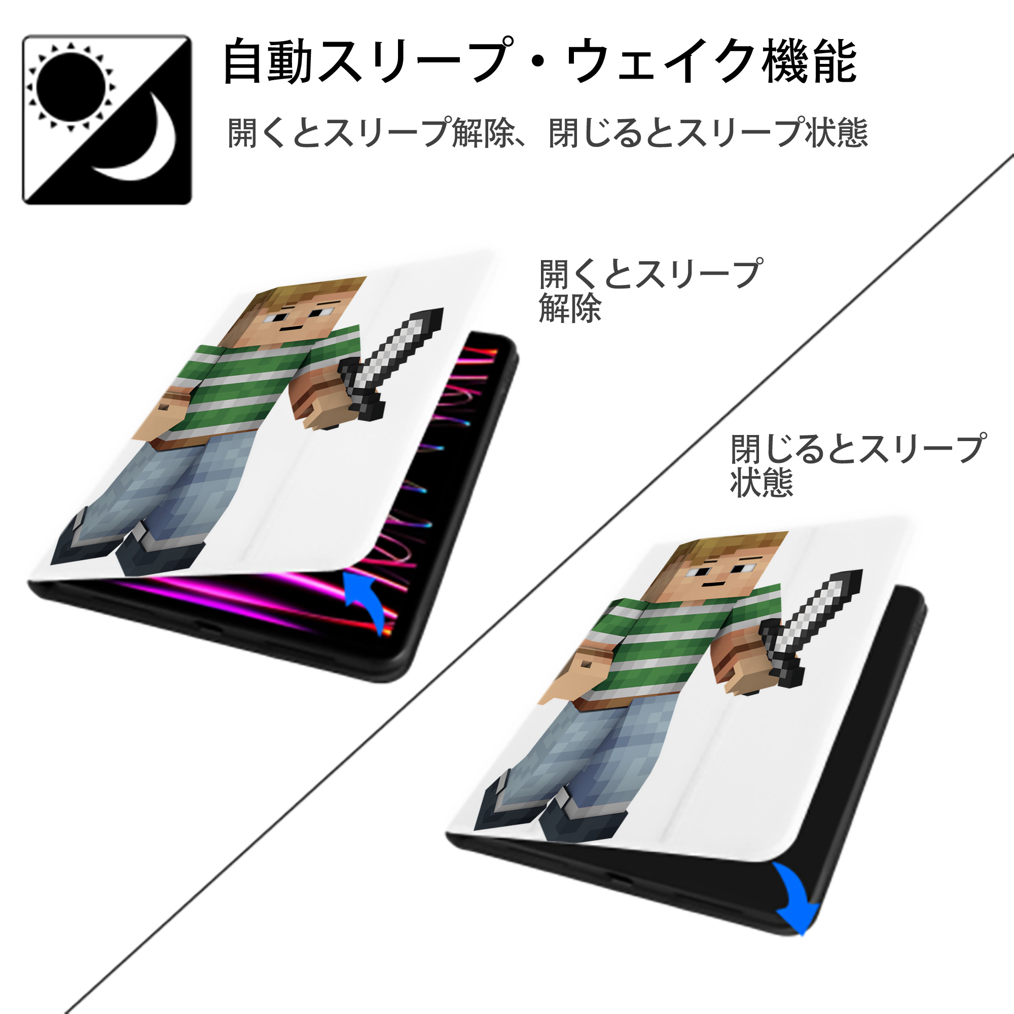 マインクラフト ブロックの世界 Minecraft MC Block world IPad ケース ペン収納付き 三つ折りスタンド PUレザー×シリコン 対応機種9.5/10.5/10.9インチ