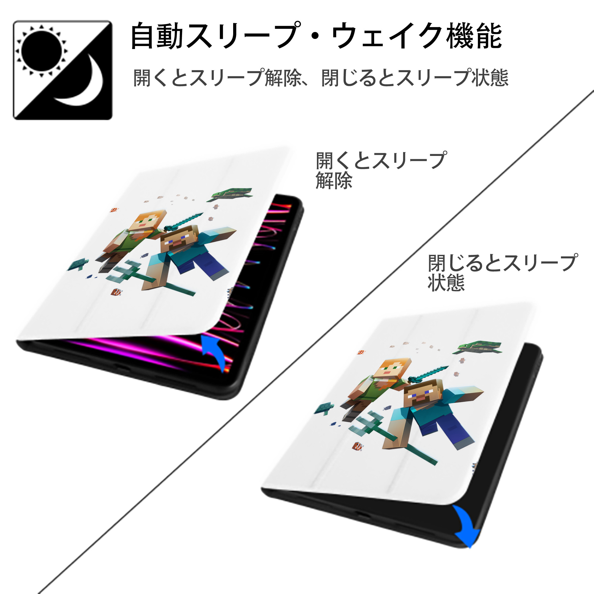 マインクラフト ブロックの世界 Minecraft MC Block world IPad ケース ペン収納付き 三つ折りスタンド PUレザー×シリコン 対応機種9.5/10.5/10.9インチ