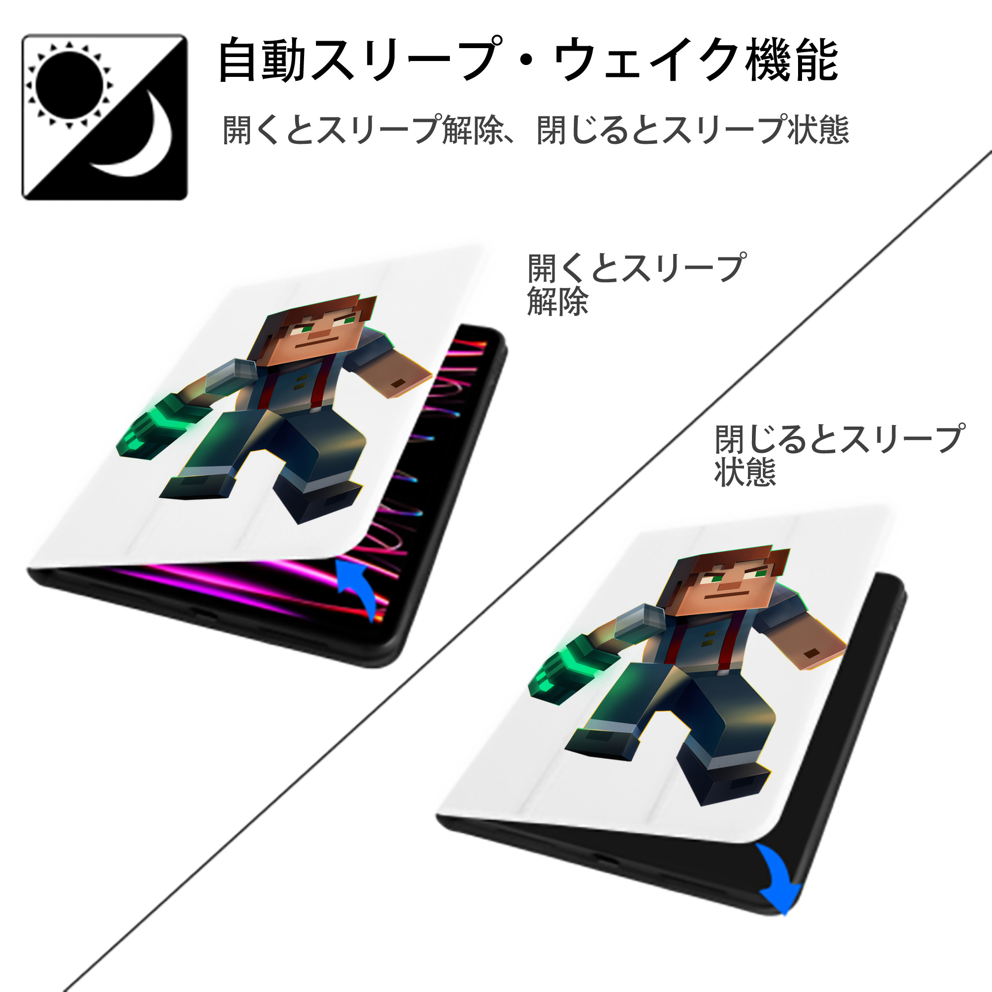 マインクラフト ブロックの世界 Minecraft MC Block world IPad ケース ペン収納付き 三つ折りスタンド PUレザー×シリコン 対応機種9.5/10.5/10.9インチ