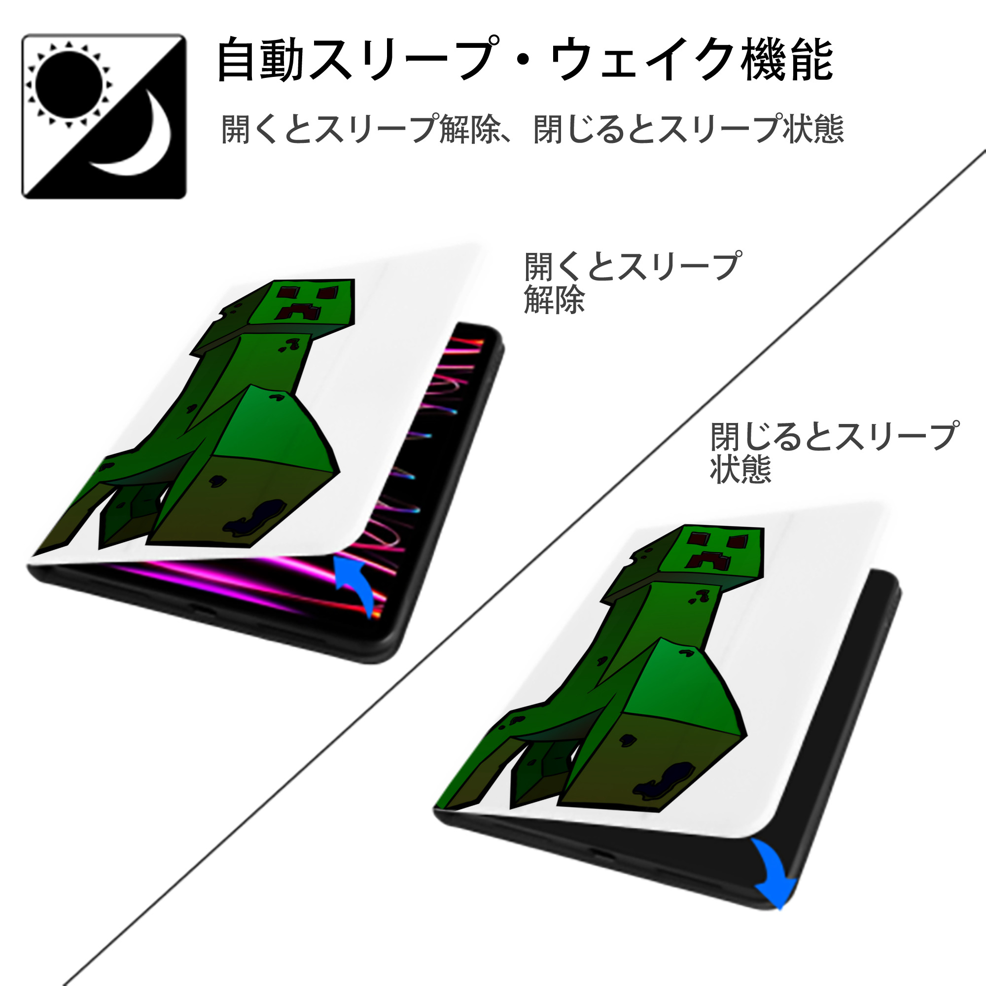 マインクラフト ブロックの世界 Minecraft MC Block world IPad ケース ペン収納付き 三つ折りスタンド PUレザー×シリコン 対応機種9.5/10.5/10.9インチ