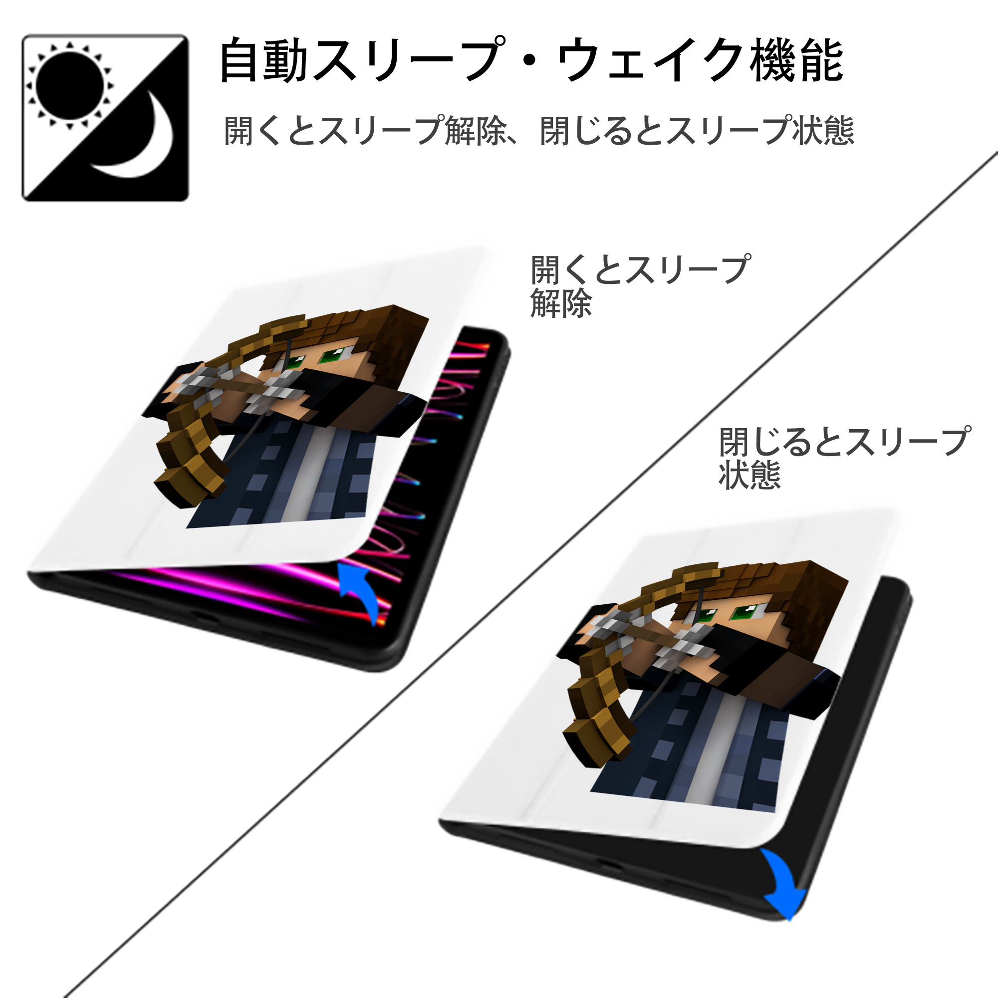 マインクラフト ブロックの世界 Minecraft MC Block world IPad ケース ペン収納付き 三つ折りスタンド PUレザー×シリコン 対応機種9.5/10.5/10.9インチ