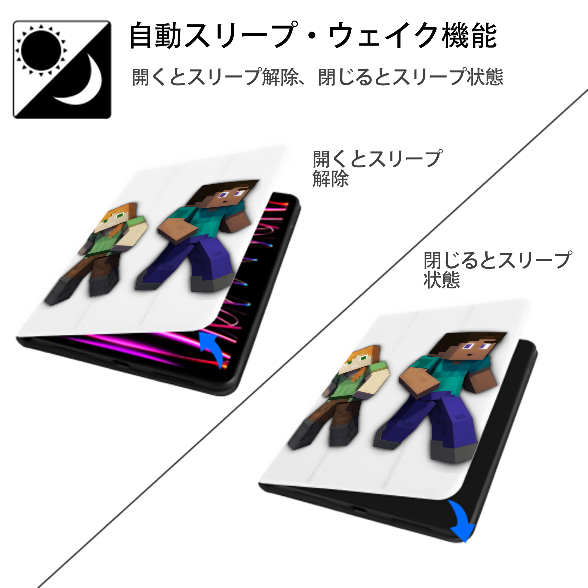 マインクラフト ブロックの世界 Minecraft MC Block world IPad ケース ペン収納付き 三つ折りスタンド PUレザー×シリコン 対応機種9.5/10.5/10.9インチ